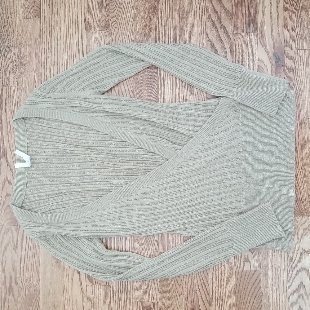 (M) Cafe Brand Shimmery Deep V Sweater Textured Knit Metallic Weave Holiday